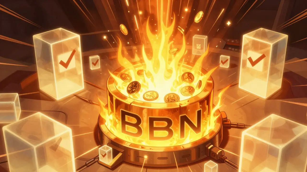 Chinese comic style illustration of BNB tokens being destroyed in a transparent furnace