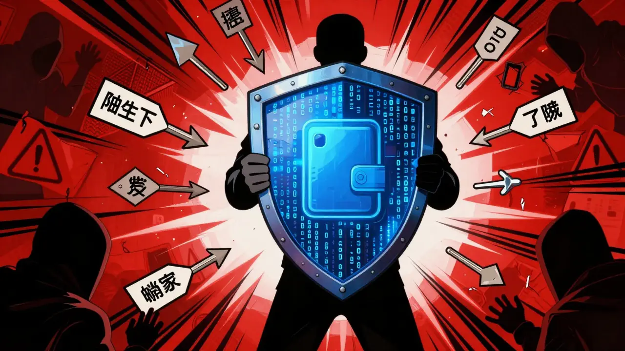 Comic art of digital shield protecting crypto assets from phishing attacks