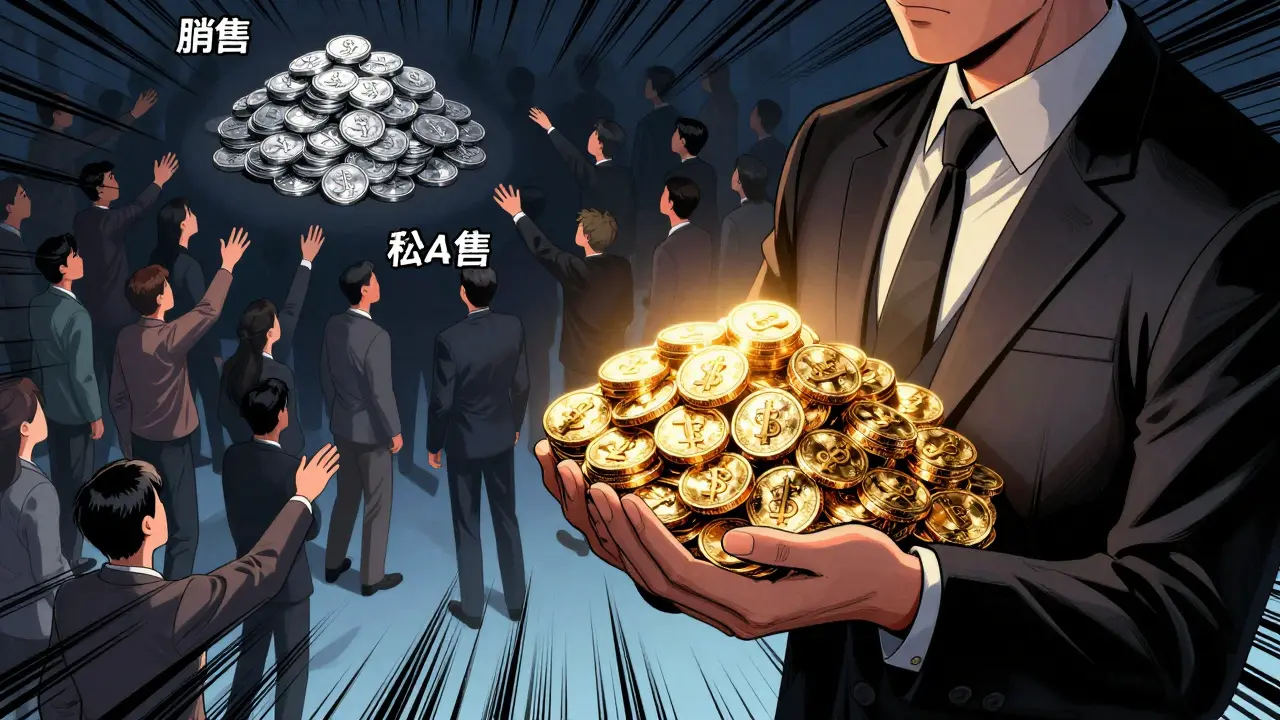 Comic illustration showing disparity between private and public token sales