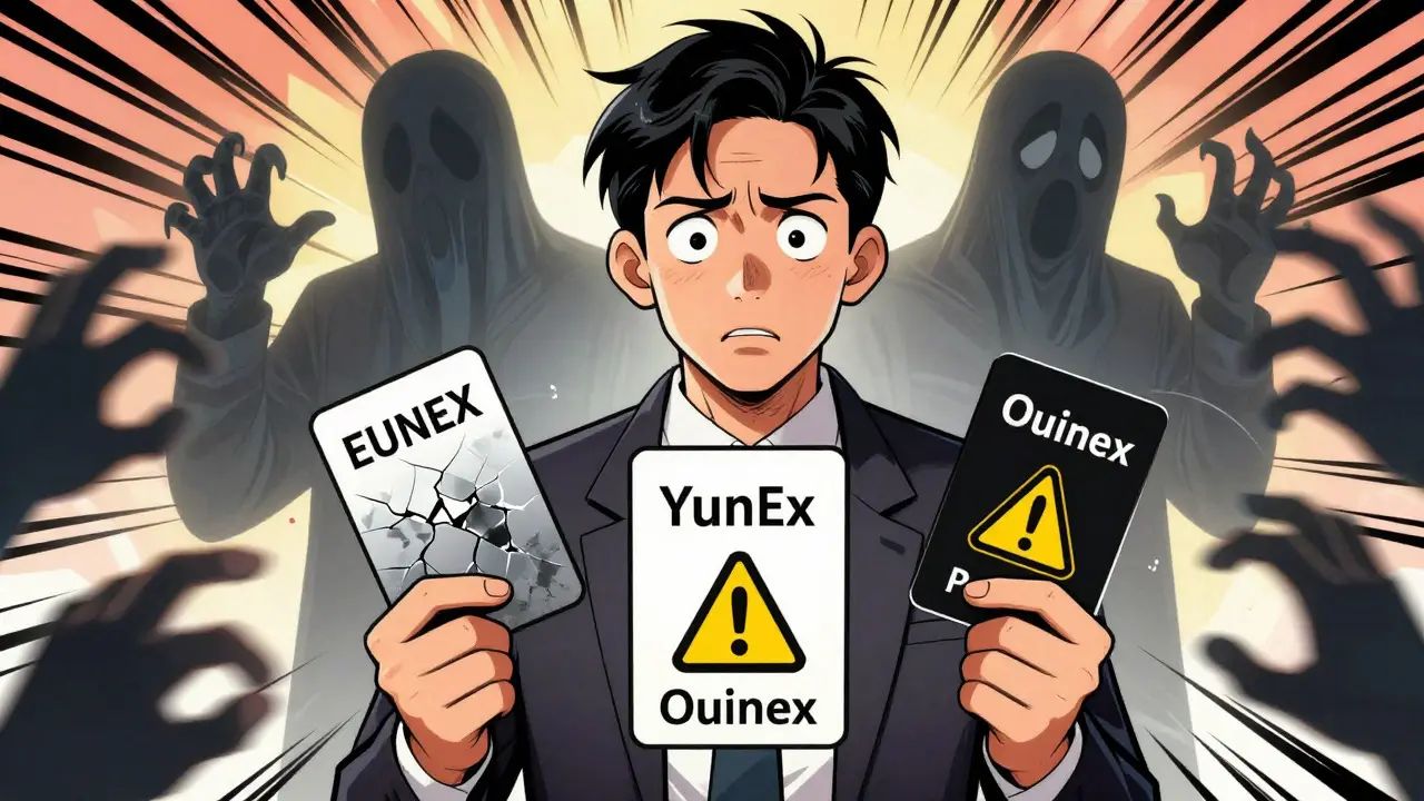 Confused investor comparing EUNEX, YunEx, and Ouinex amidst scam threats.
