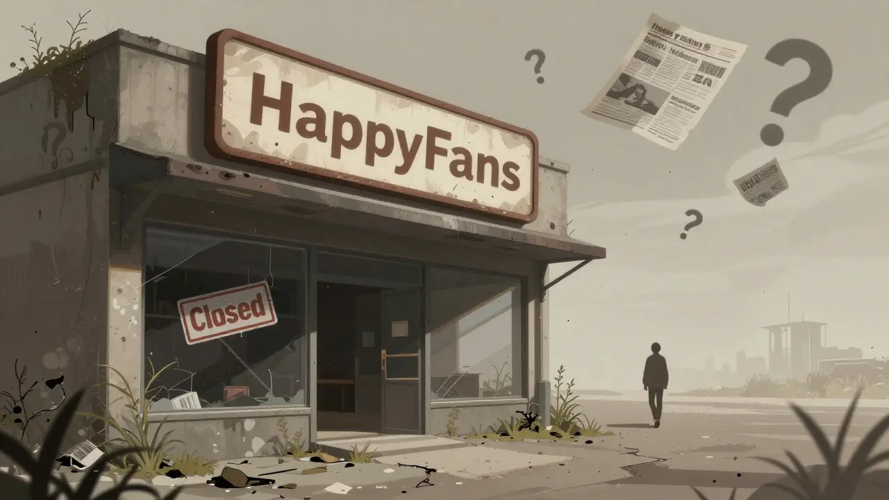 Dusty abandoned HappyFans storefront symbolizing project decline