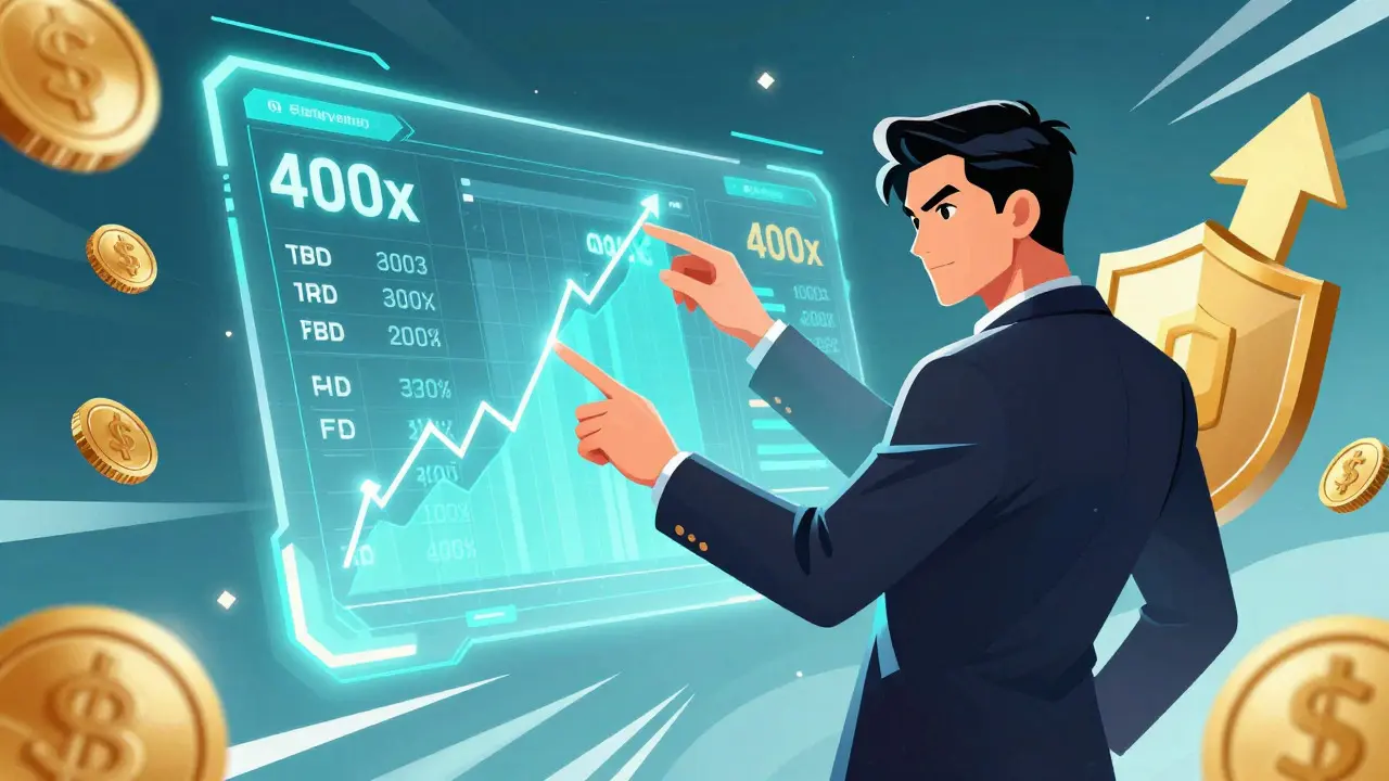 Futuristic holographic trading interface with high leverage stats