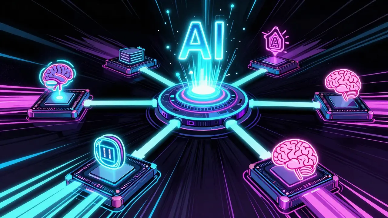 Futuristic network diagram showing AI and GPU compute power sharing