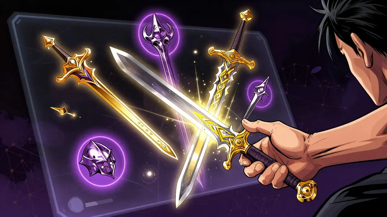 Glowing NFT weapons and armor in a digital inventory