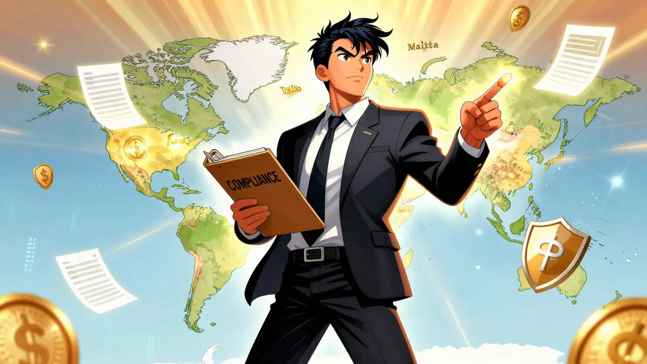 Heroic entrepreneur strategizing crypto banking compliance in manhua style