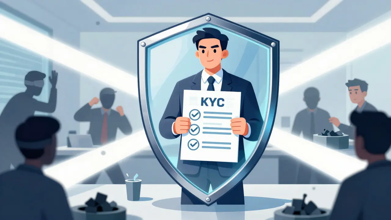 Illustration of a trader protected by a compliance shield from fraud