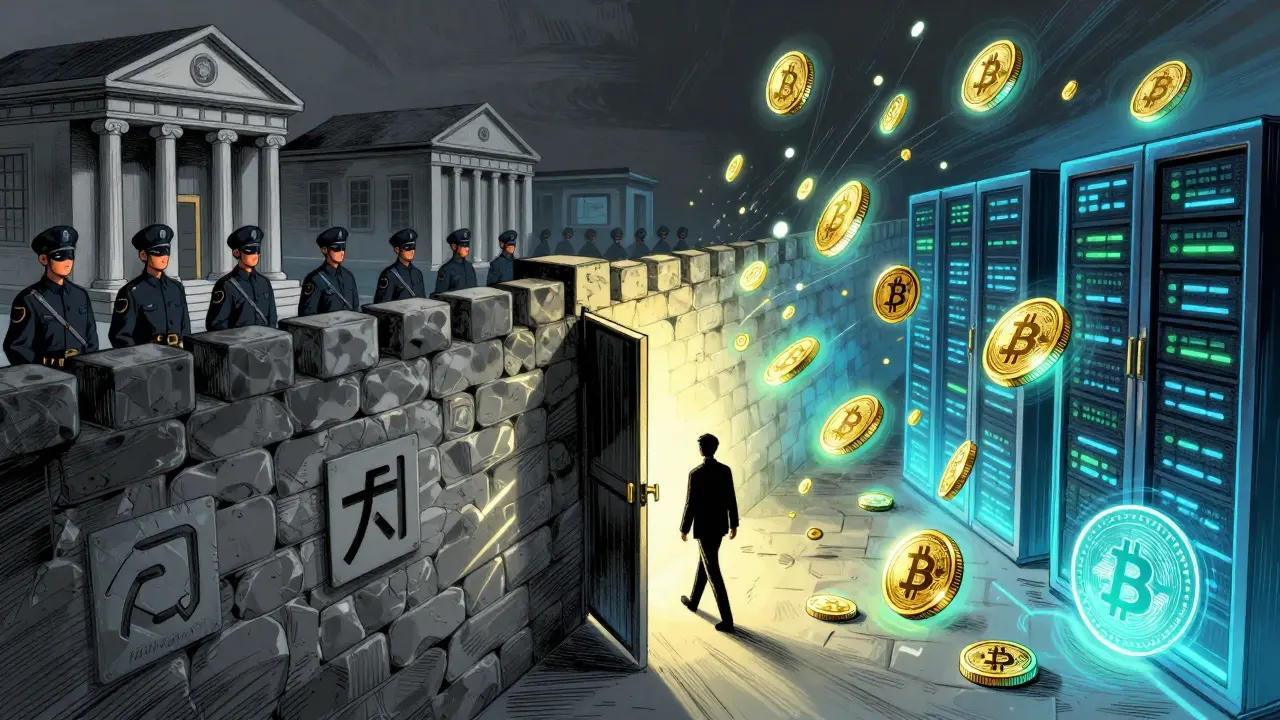 Illustration of a wall separating banks from crypto exchanges with an open gate