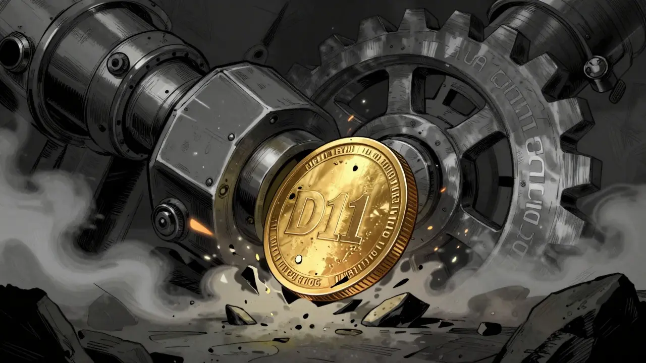 Illustration of D11 token crumbling as it is absorbed by VulcanForged gears