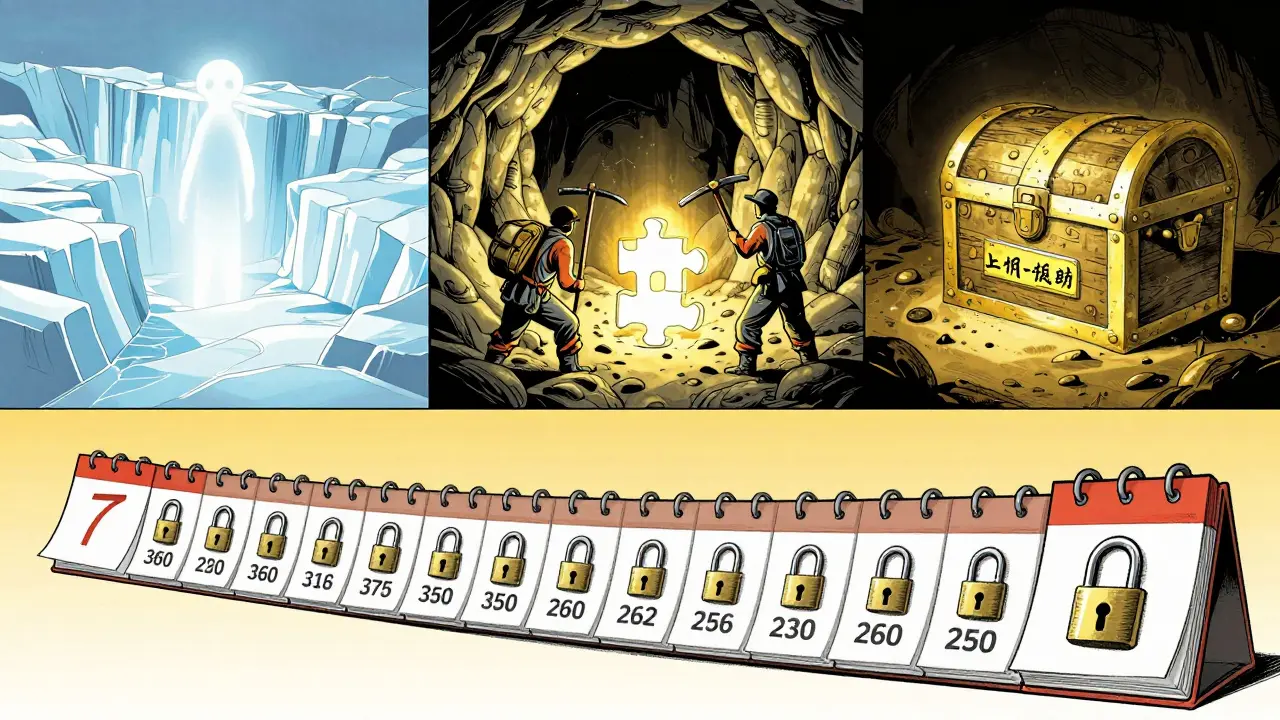 Illustration of token phases: glacier, mining puzzles, and vesting calendar