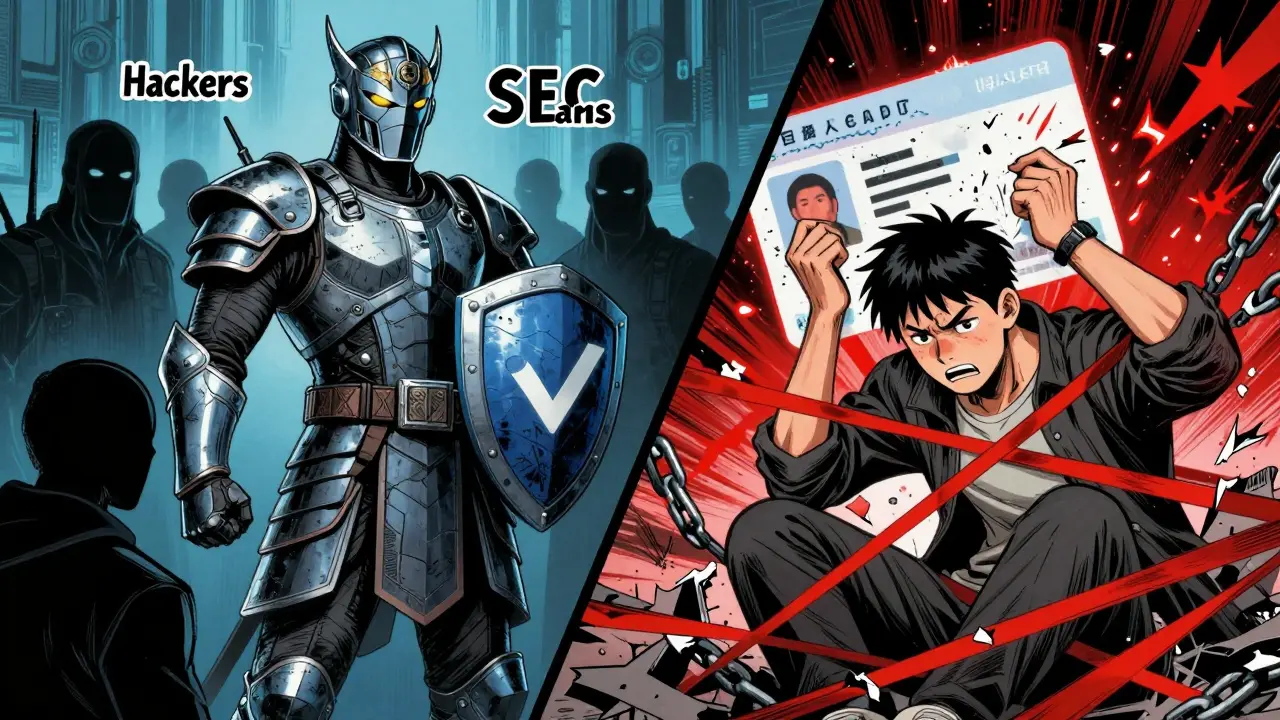 Illustration showing Thai SEC security shield vs app crash frustration in manhua style.
