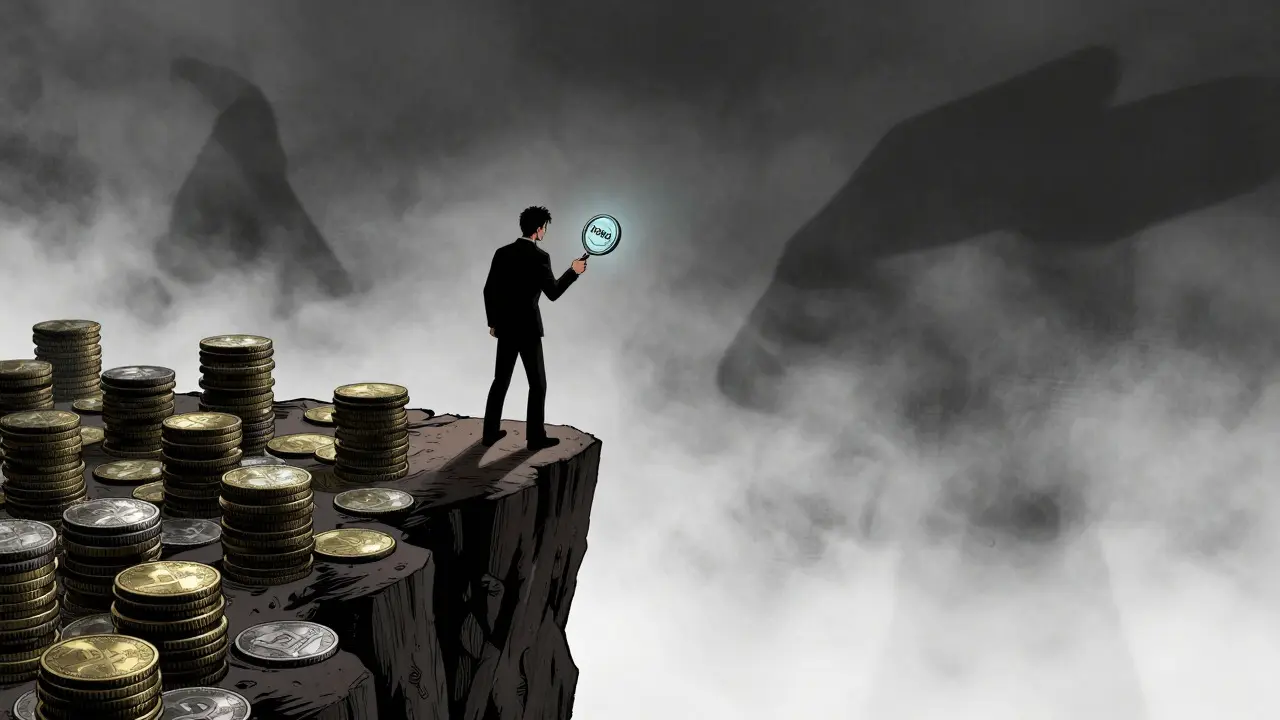 Investor on cliff edge inspecting fragile DOBO coin, symbolizing high risk and volatility.