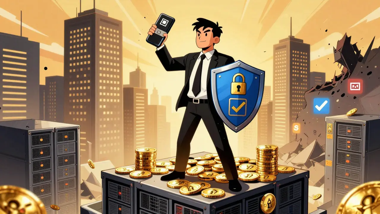 Investor securing crypto with a hardware wallet, backed by safe exchanges.
