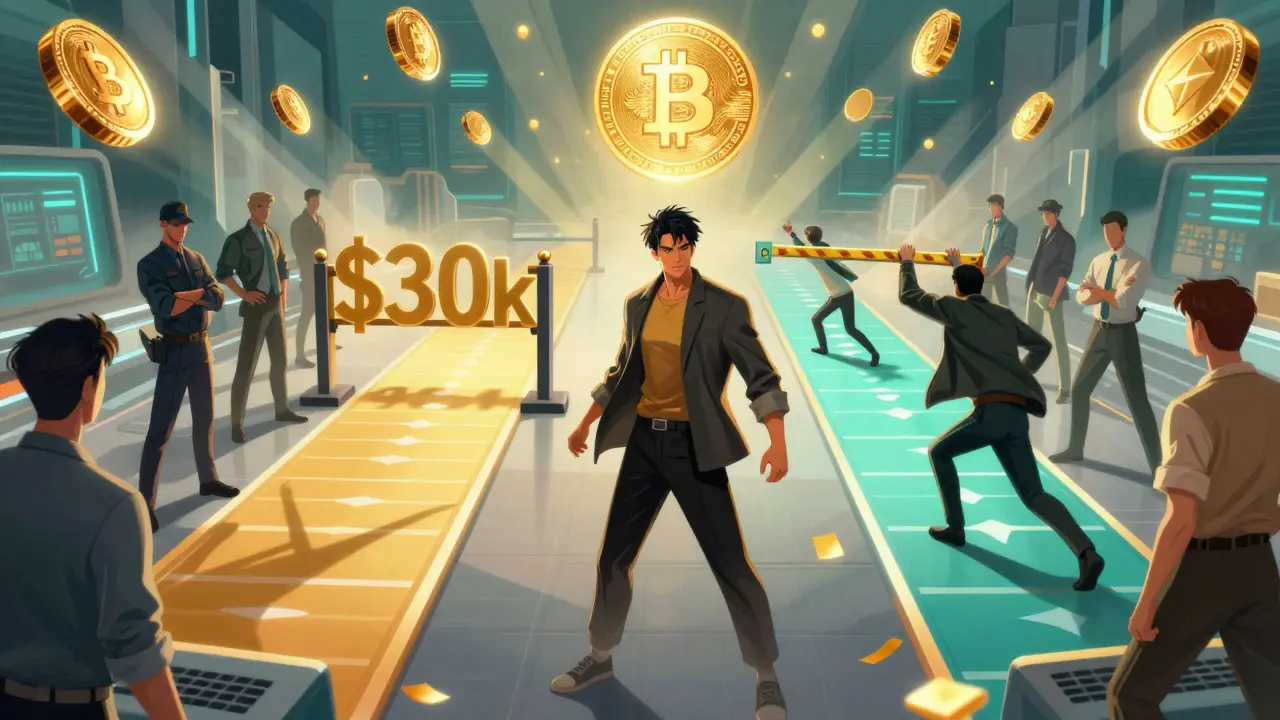 Manhua art depicting high fiat deposit barriers and alternative trading paths for users.
