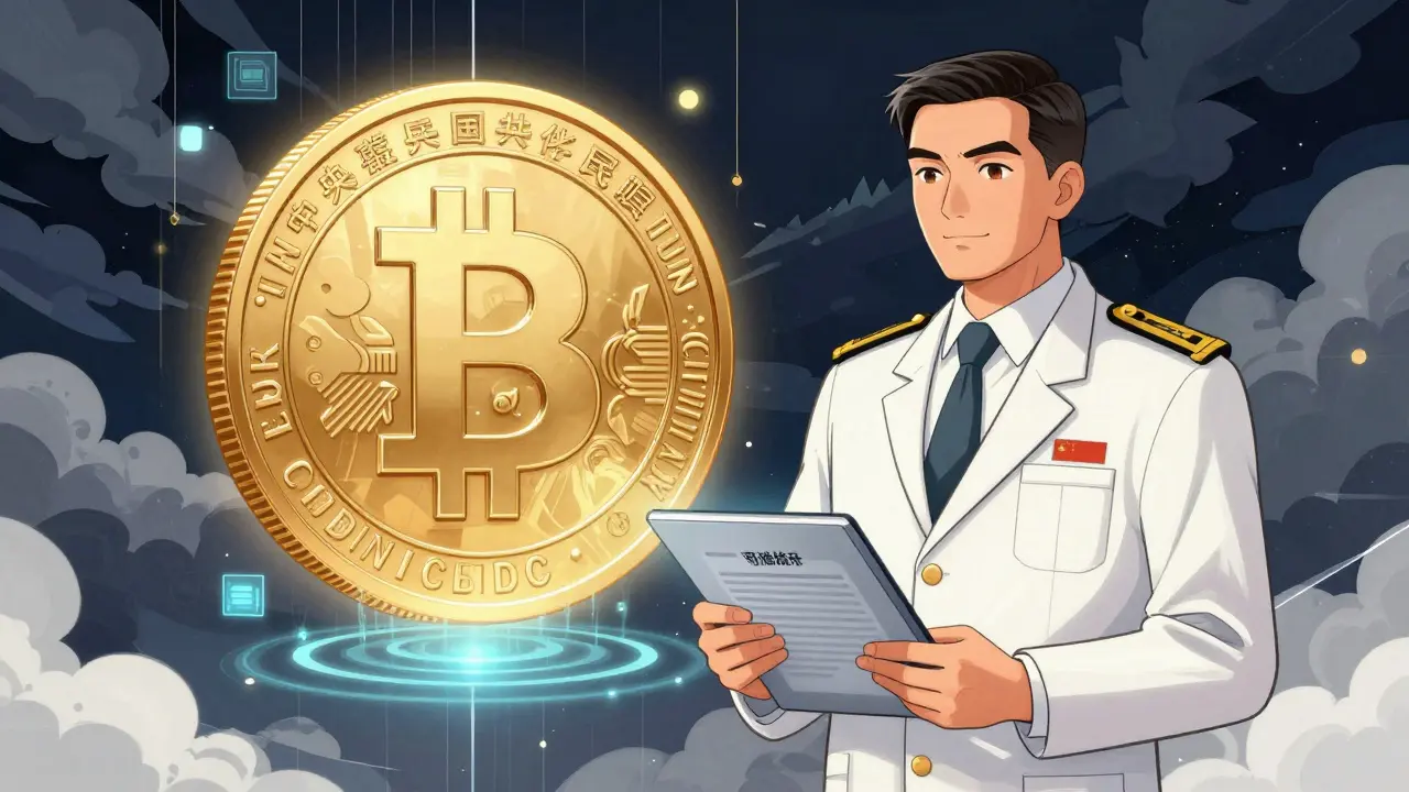 Manhua art of a central bank official presenting a secure digital currency