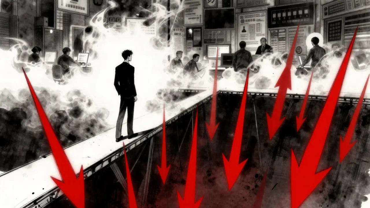 Manhua art of investor on fragile bridge over abyss representing market volatility