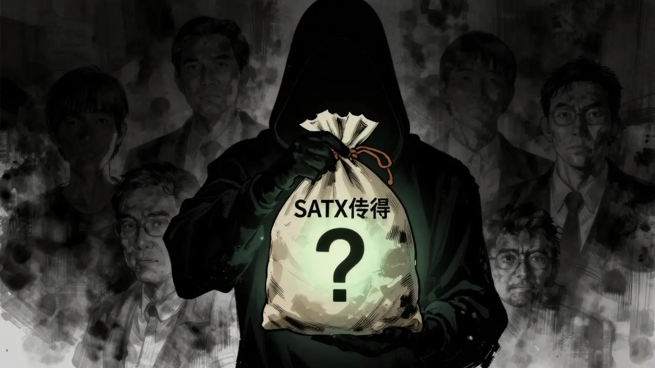 Manhua art showing a mysterious, empty SATX token bag held by a shadowy figure.