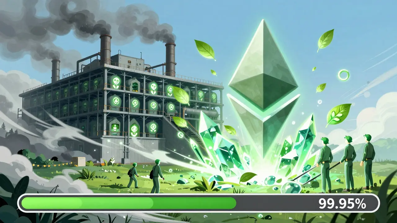 Manhua art showing Ethereum's Merge transforming mining rigs into green, efficient validators.