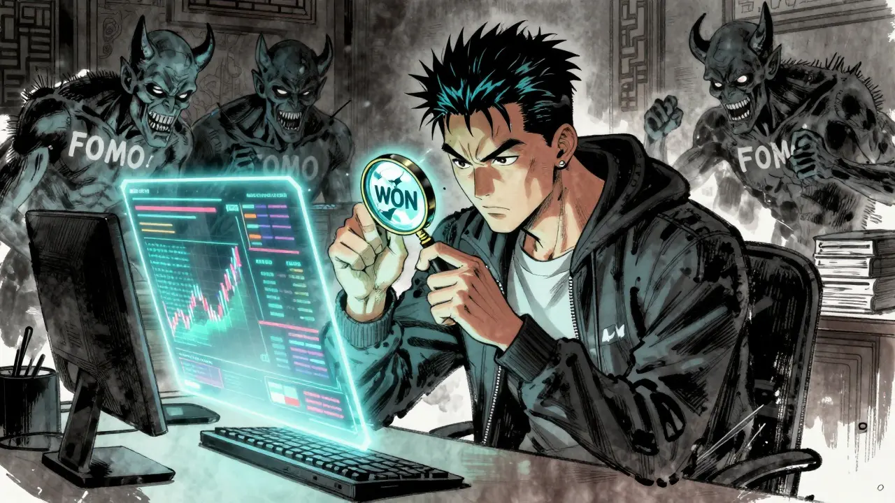Manhua artist analyzing a glowing token while ignoring FOMO demons