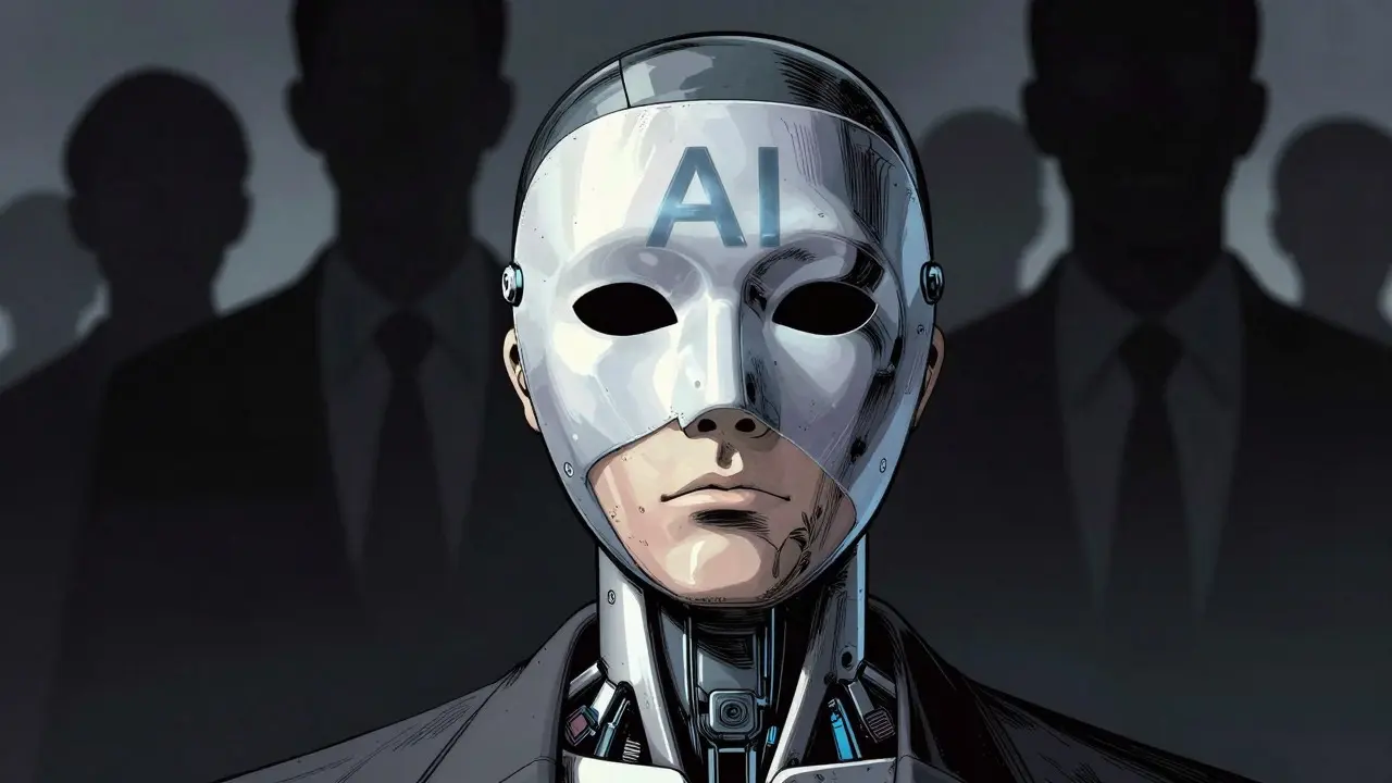 Manhua concept art of robot mask slipping to reveal emptiness, symbolizing AI washing