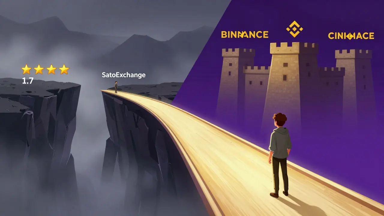Manhua illustration comparing a risky cliff path to a safe bridge for crypto trading.