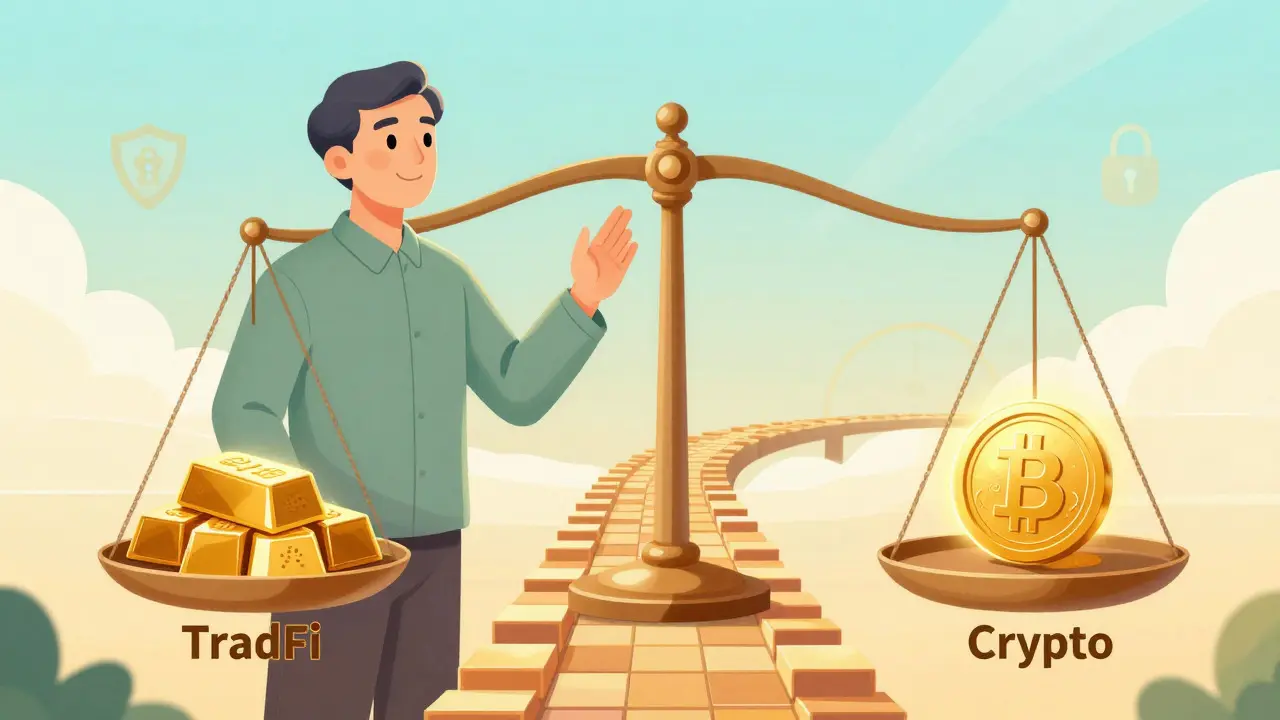 Manhua illustration of balanced crypto and traditional finance bridge