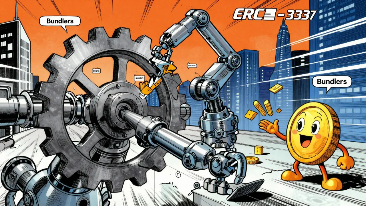 Manhua illustration of ERC-4337 components like bundlers and paymasters working together