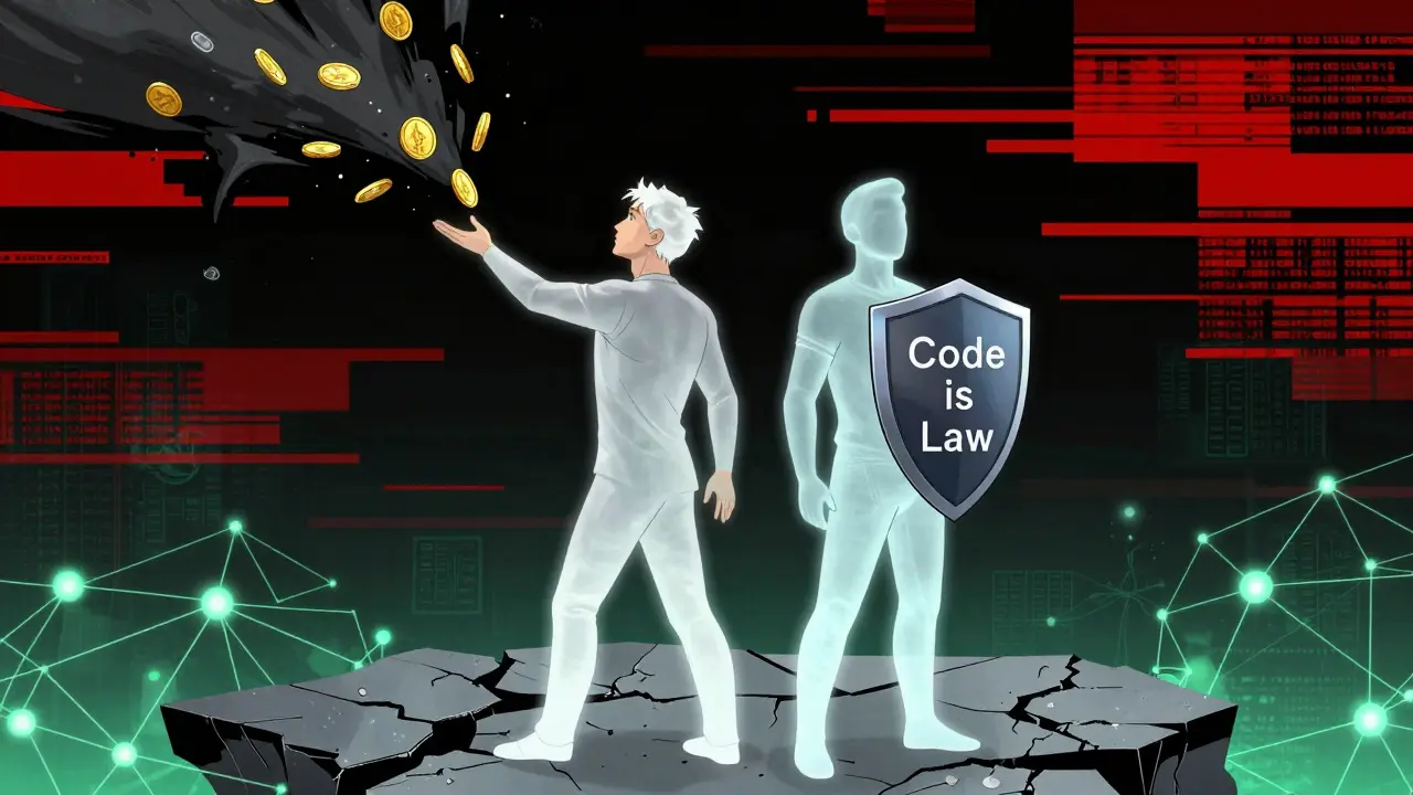 Manhua illustration of the Ethereum DAO fork conflict between reversing funds and code is law.