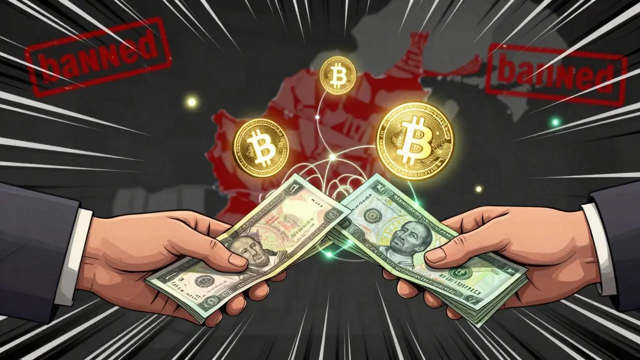 Manhua style: Hands exchanging cash with floating digital crypto coins in background.