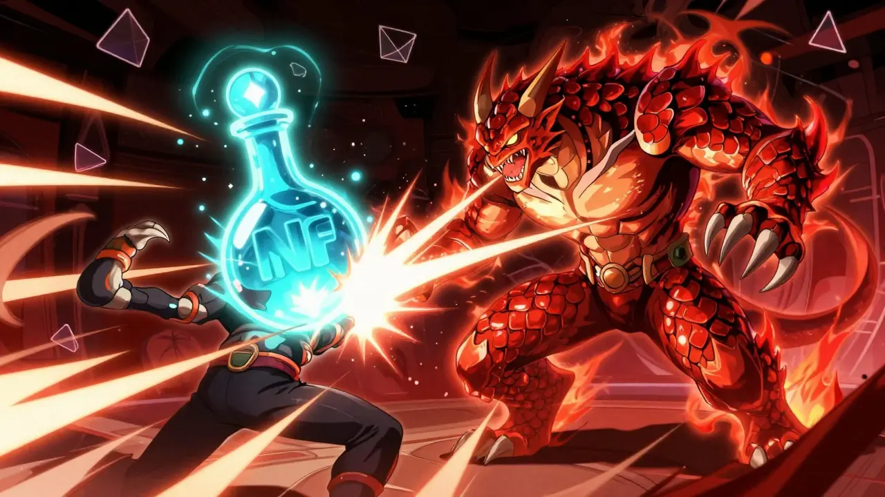 Metamon monster using a glowing Potion in battle