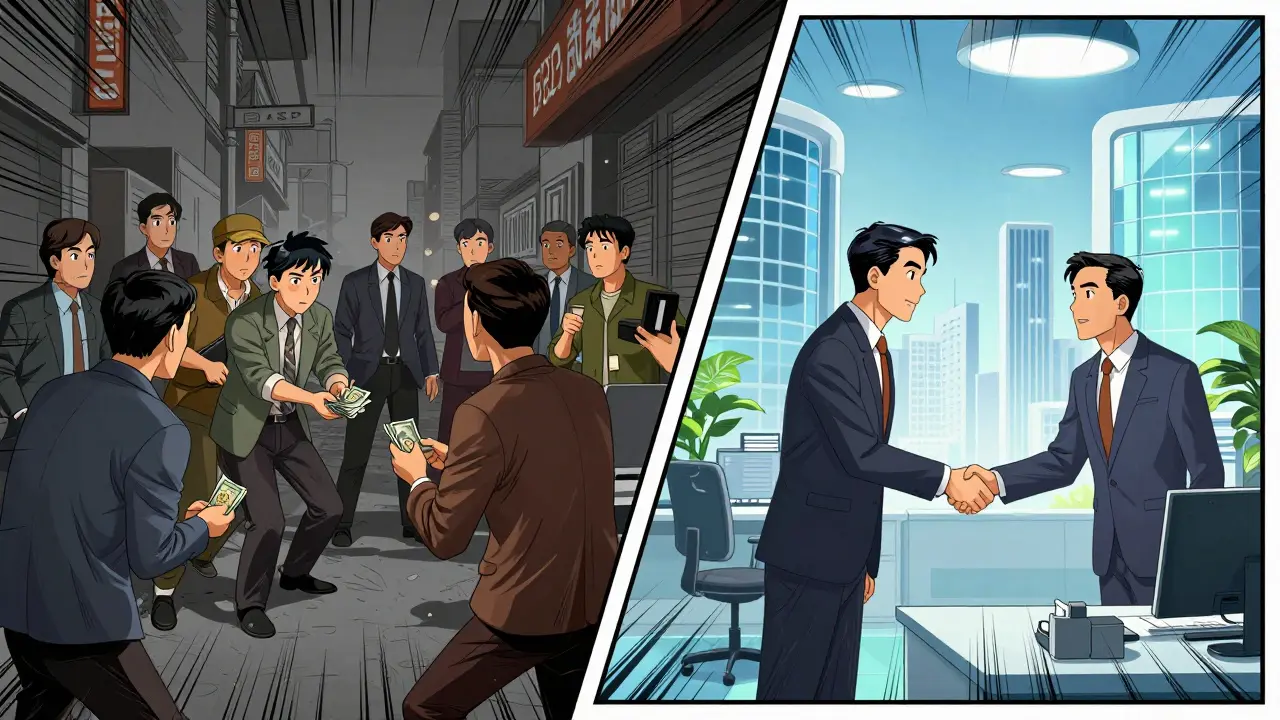 Split illustration contrasting restricted P2P trading with friendly crypto banking hubs