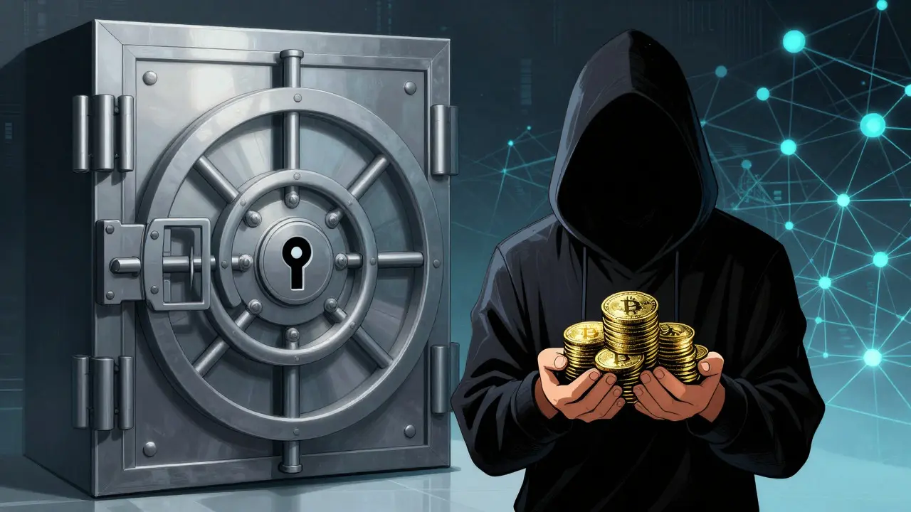 Split image of secure vault and anonymous trader with crypto