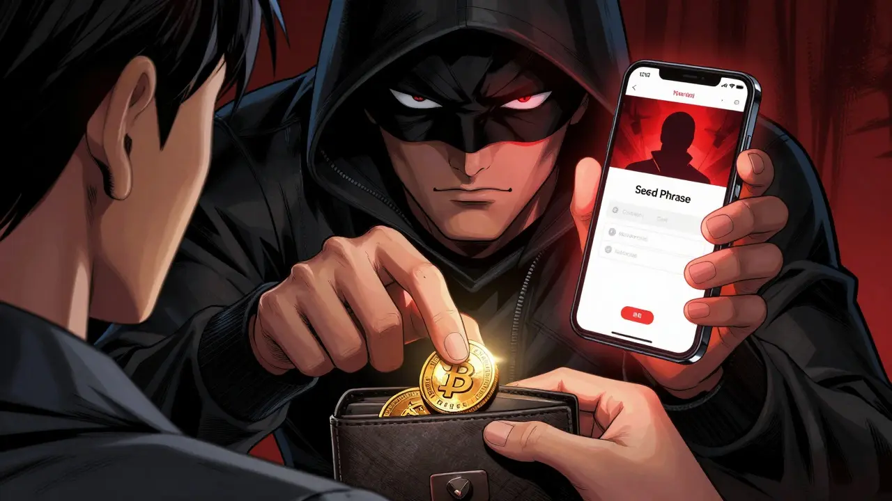 Thief stealing wallet via fake seed phrase request in Chinese manhua art