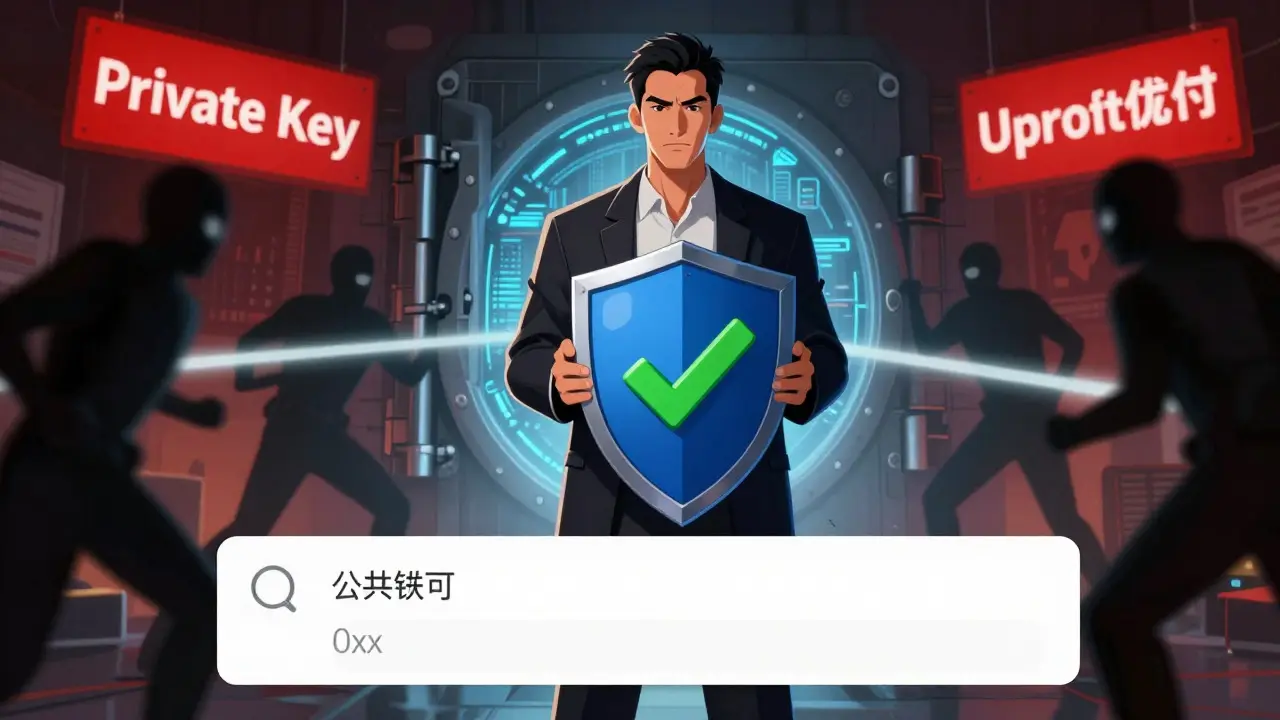 A guardian protecting a digital vault with a green checkmark shield.
