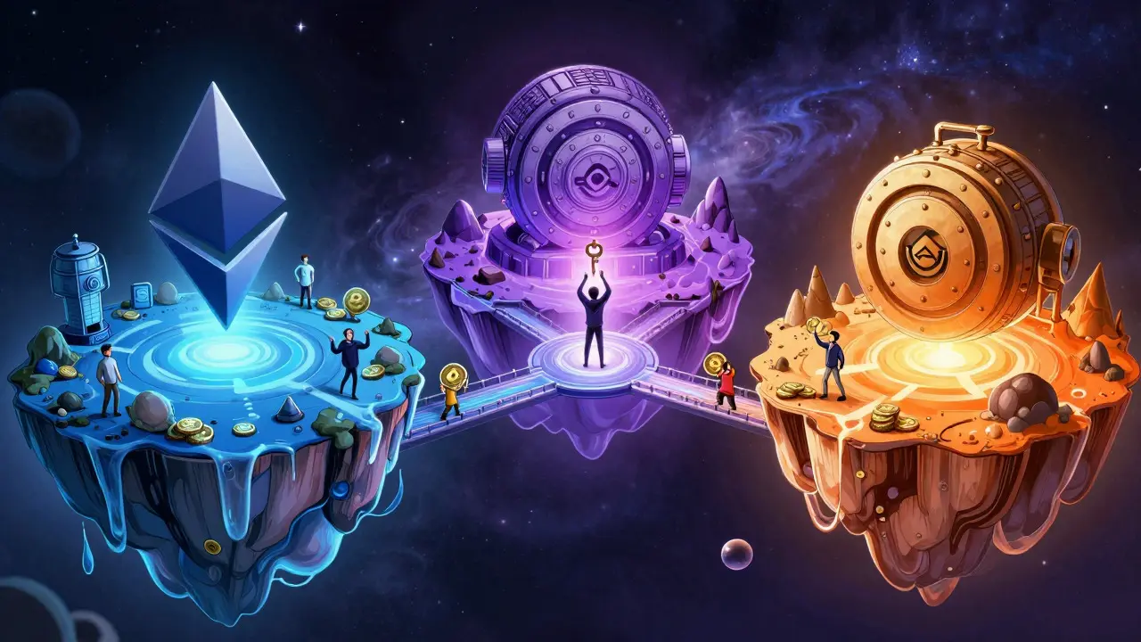 Artwork showing three floating chain islands connected by light bridges in space