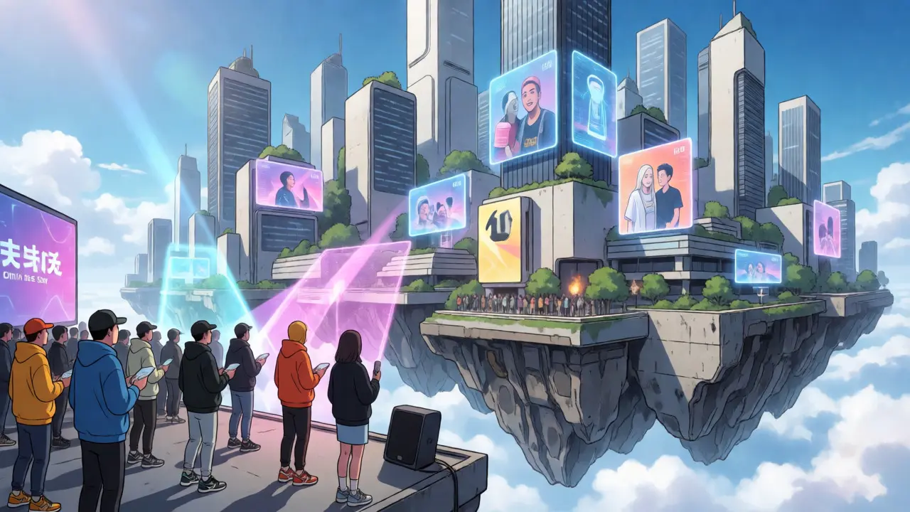Avatars in streetwear attending event in floating cyber-city metaverse