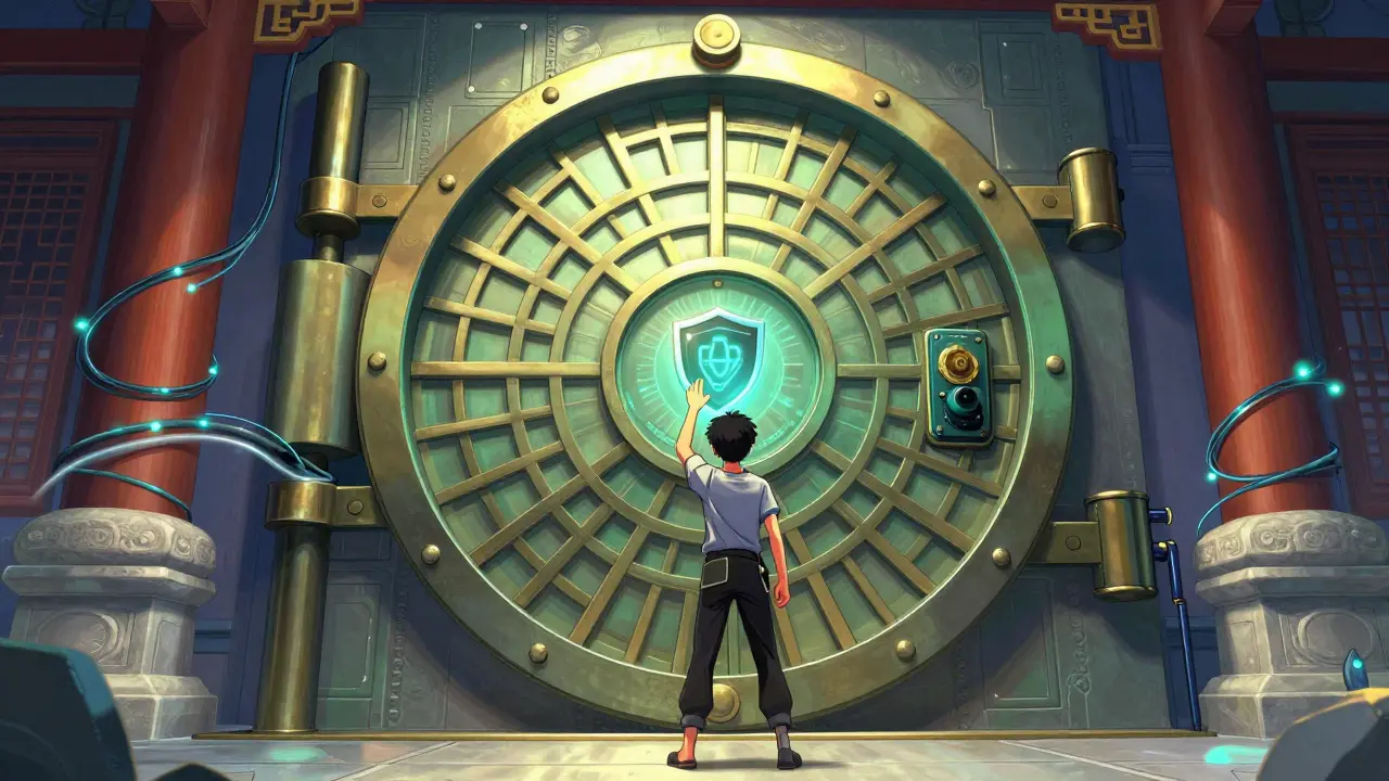 Cartoon depiction of a futuristic vault secured by digital locks in manhua style
