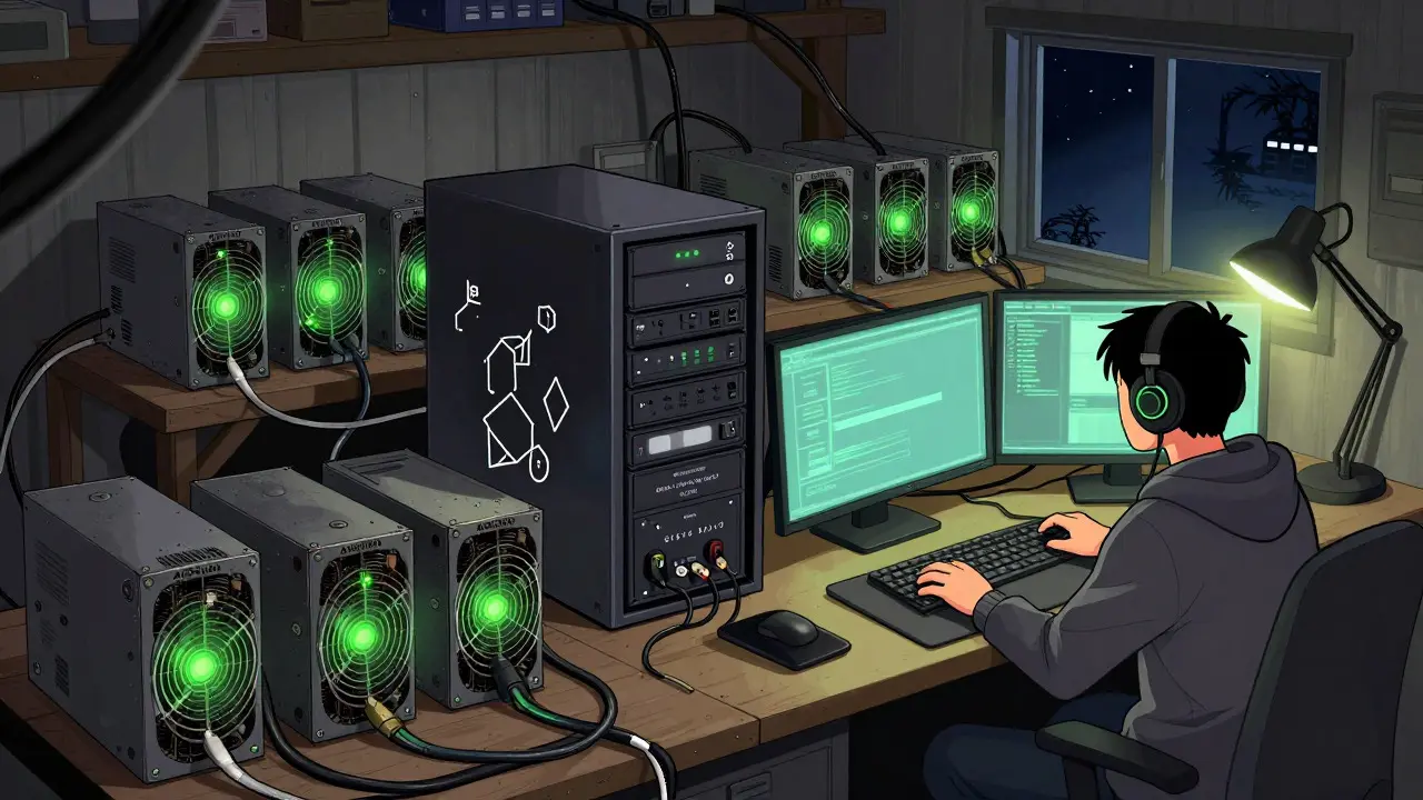 Cartoon depiction of a hobbyist activating old mining hardware in a dimly lit garage