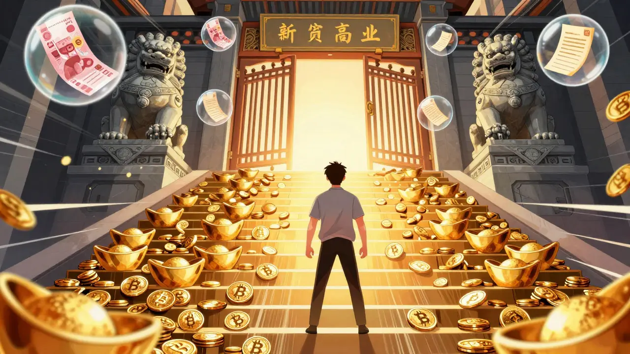 Cartoon depiction of an entrepreneur climbing a steep staircase of gold coins towards a guarded gate