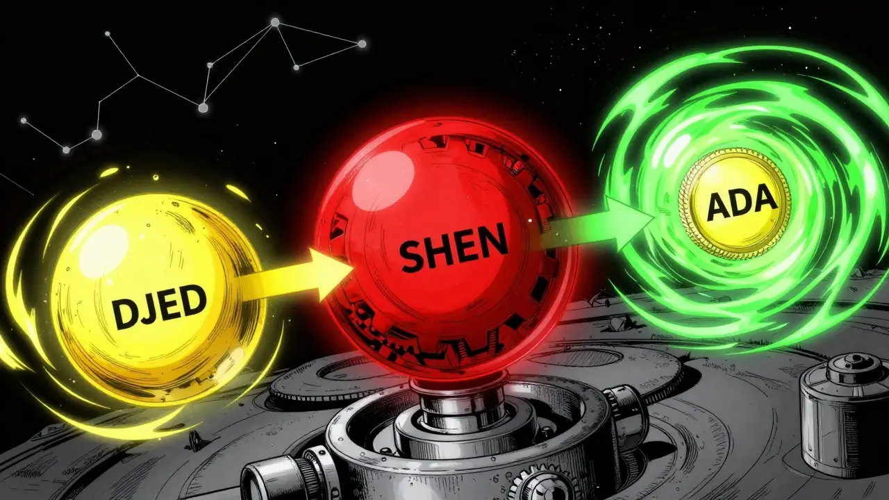 Cartoon depiction of SHEN, DJED, and ADA tokens interacting in a cosmic setting
