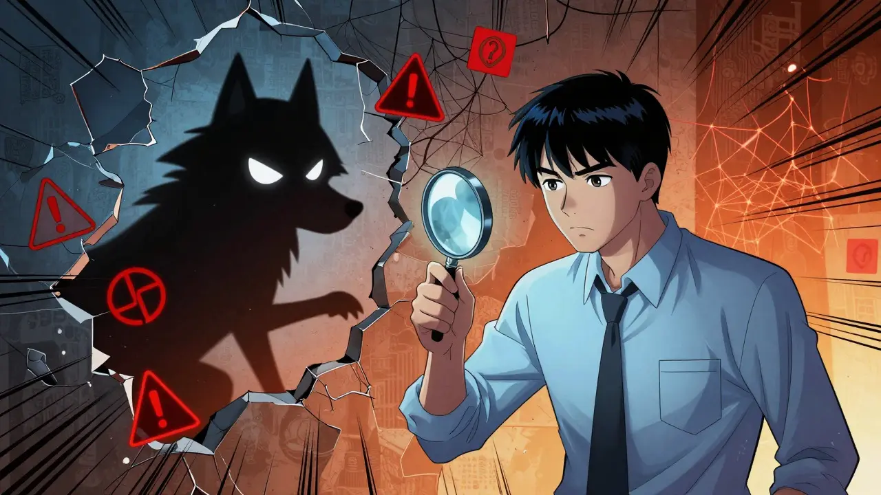 Cartoon detective investigating a shadowy scam entity amidst a wall of misinformation