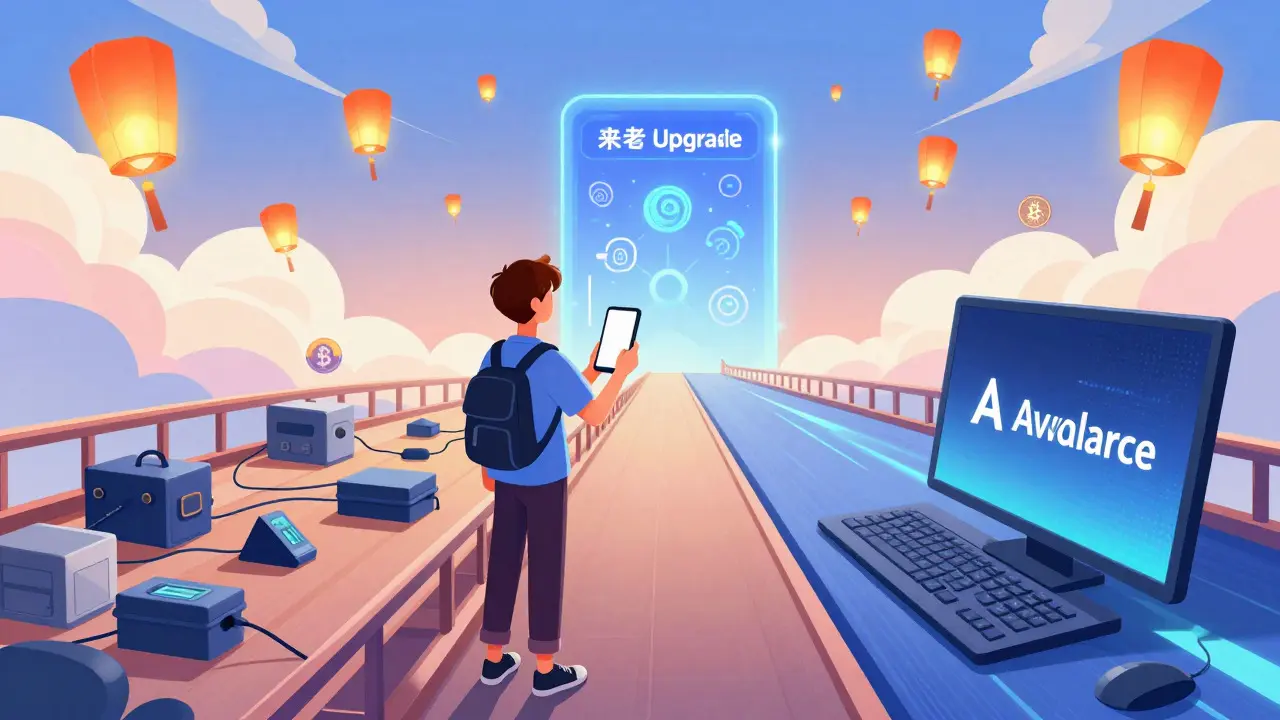 Cartoon trader on a bridge looking toward a future tech portal