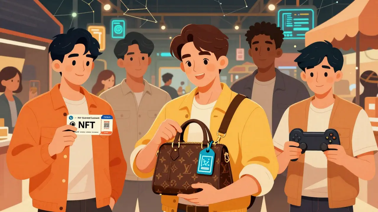 Characters using NFTs for tickets, goods, and gaming in a busy market.