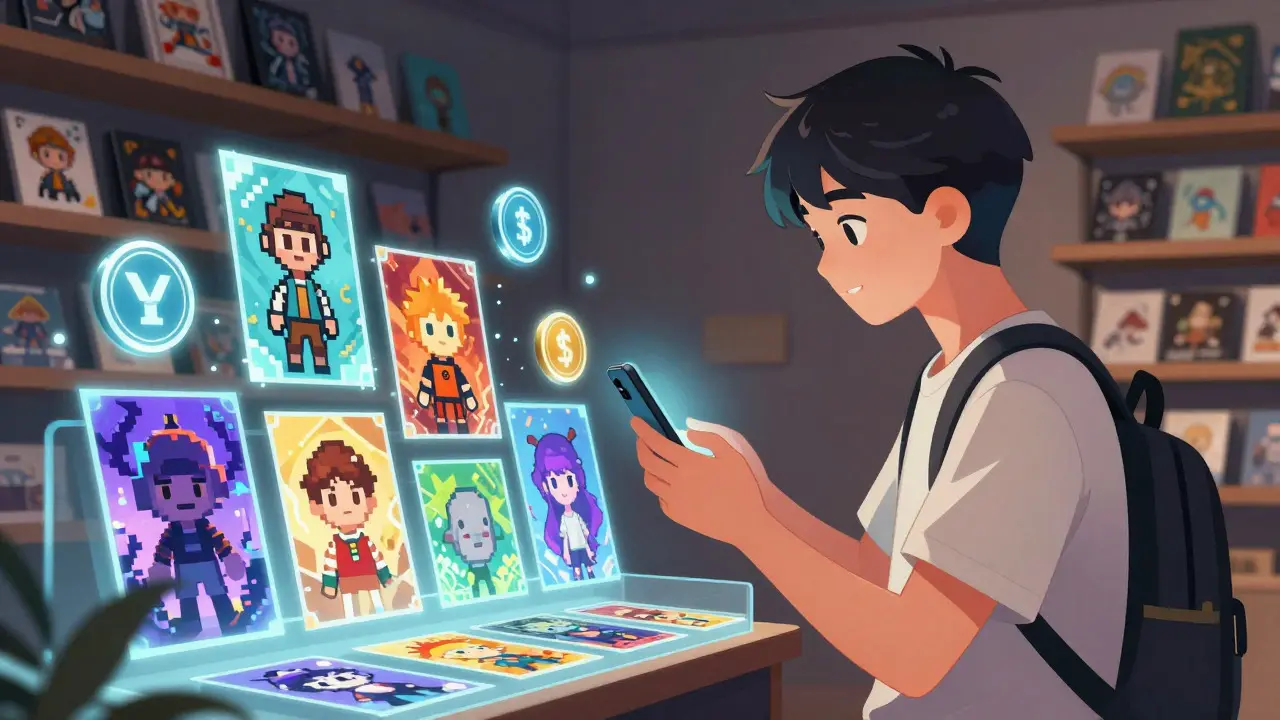 Collector browsing holographic Bitcoin NFT marketplace with stablecoin purchases