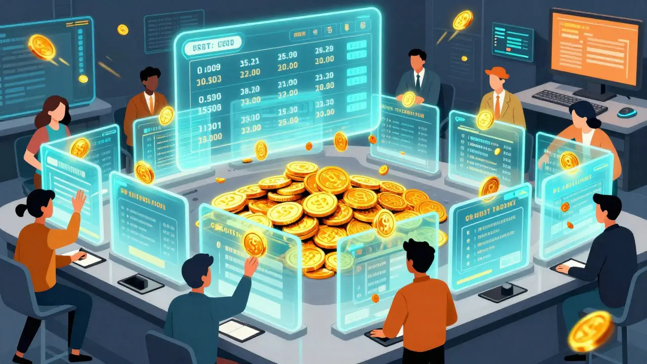 Crowd of people voting with coins in a futuristic digital exchange hall