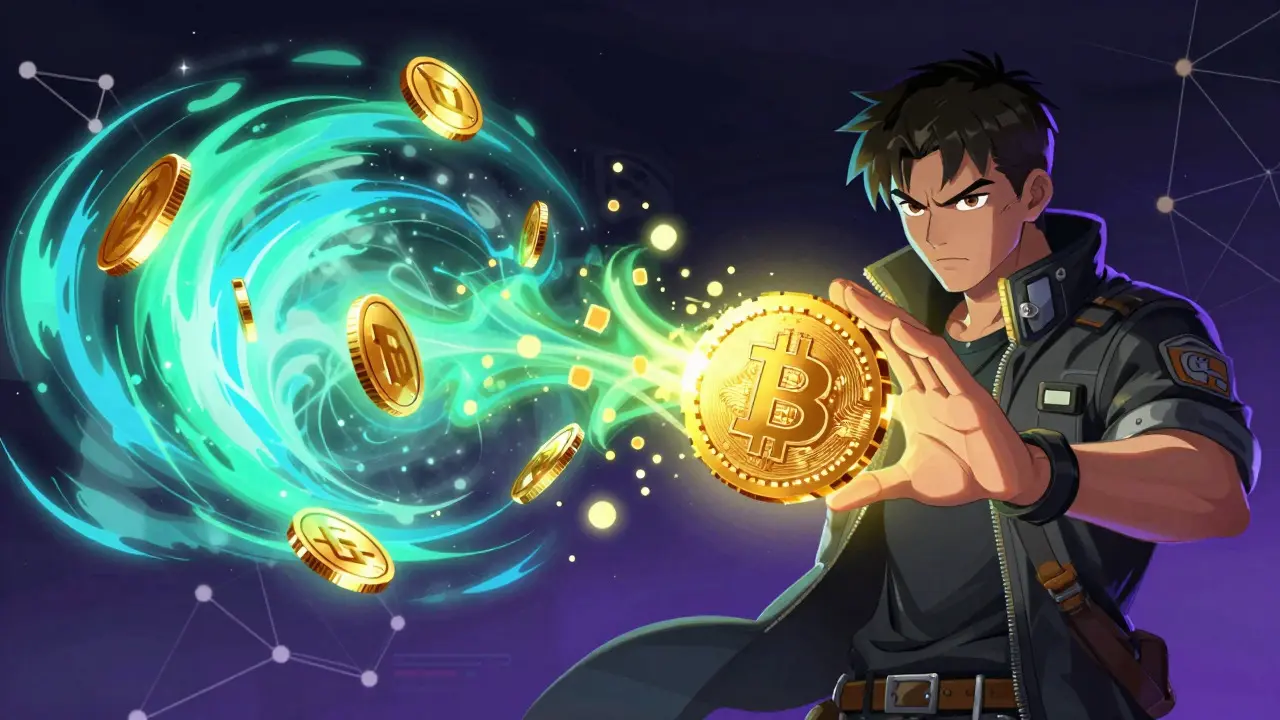 Cyberpunk character transmuting Bitcoin coins into Ethereum tokens via magic