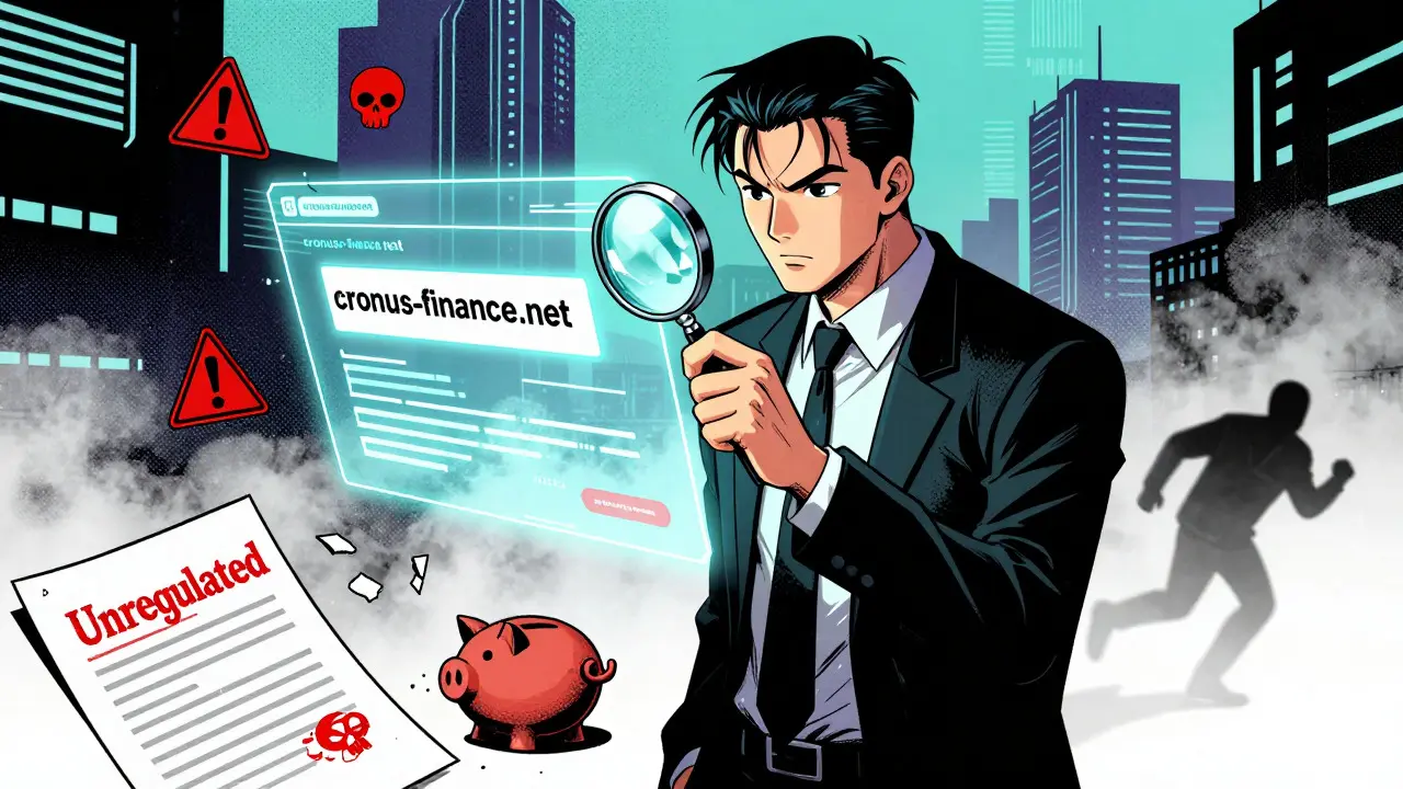 Detective investigating fake Cronus website with red warning signs in manhua style