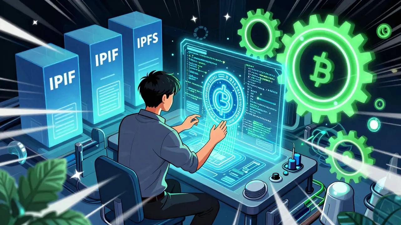 Developer creating an NFT token with holographic code and storage cubes.