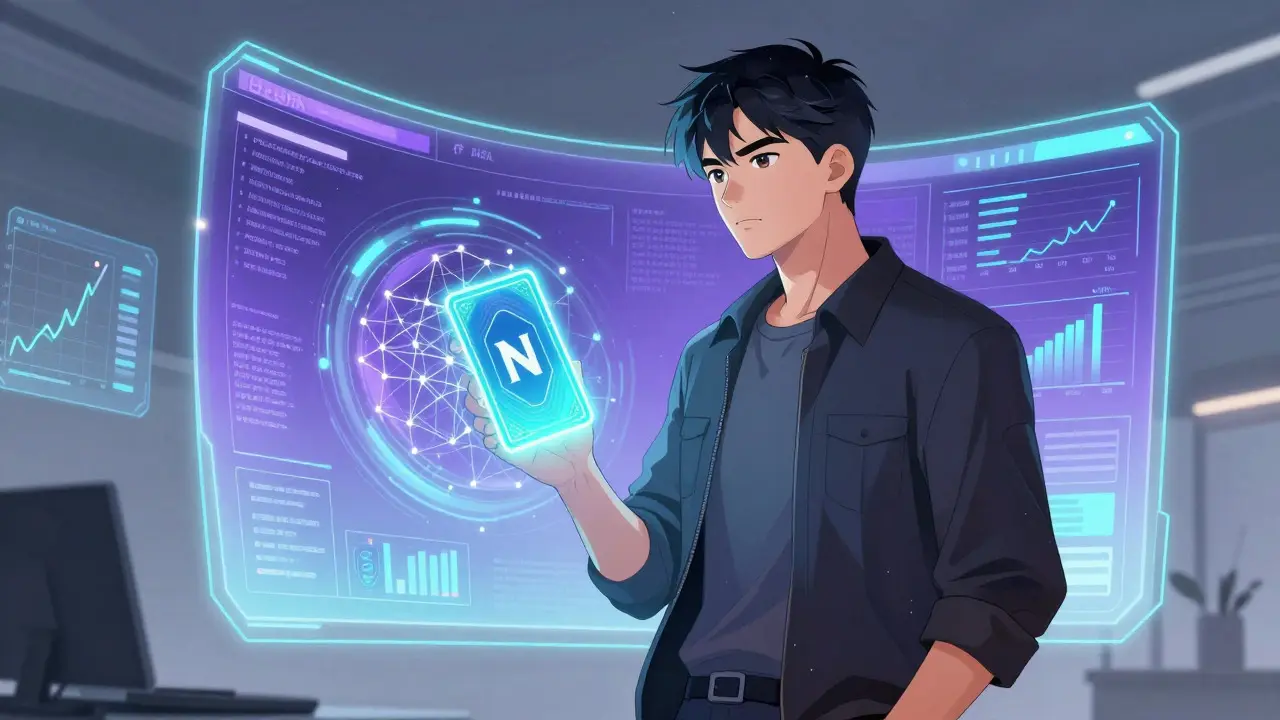 Developer interacting with a futuristic AI finance dashboard in manhua style