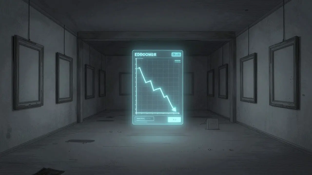 Empty virtual art gallery showing collapsed trading volumes and silence