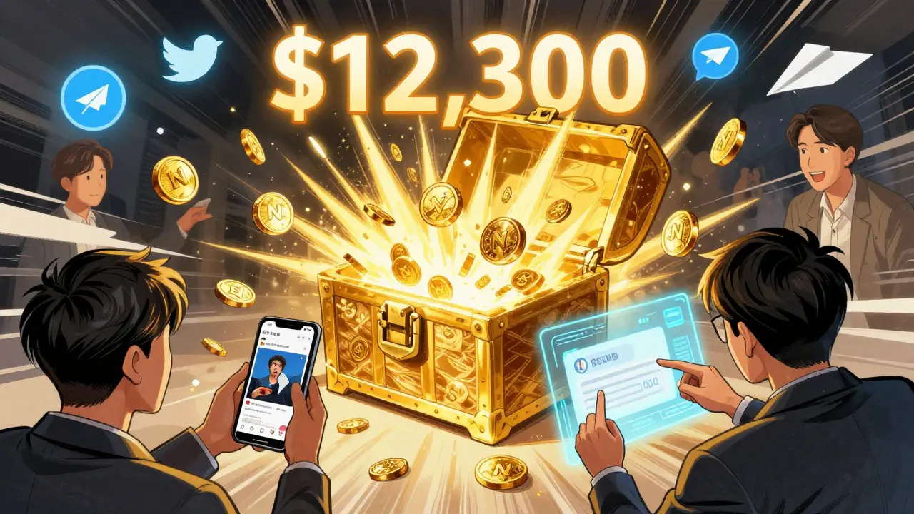 Golden tokens flying from an open chest during a crypto airdrop event.